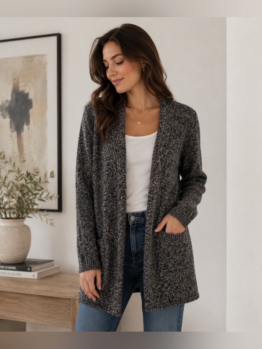Natural Reflections Charcoal/Multicoloured Open-Front Cardigan -M- Cottagecore